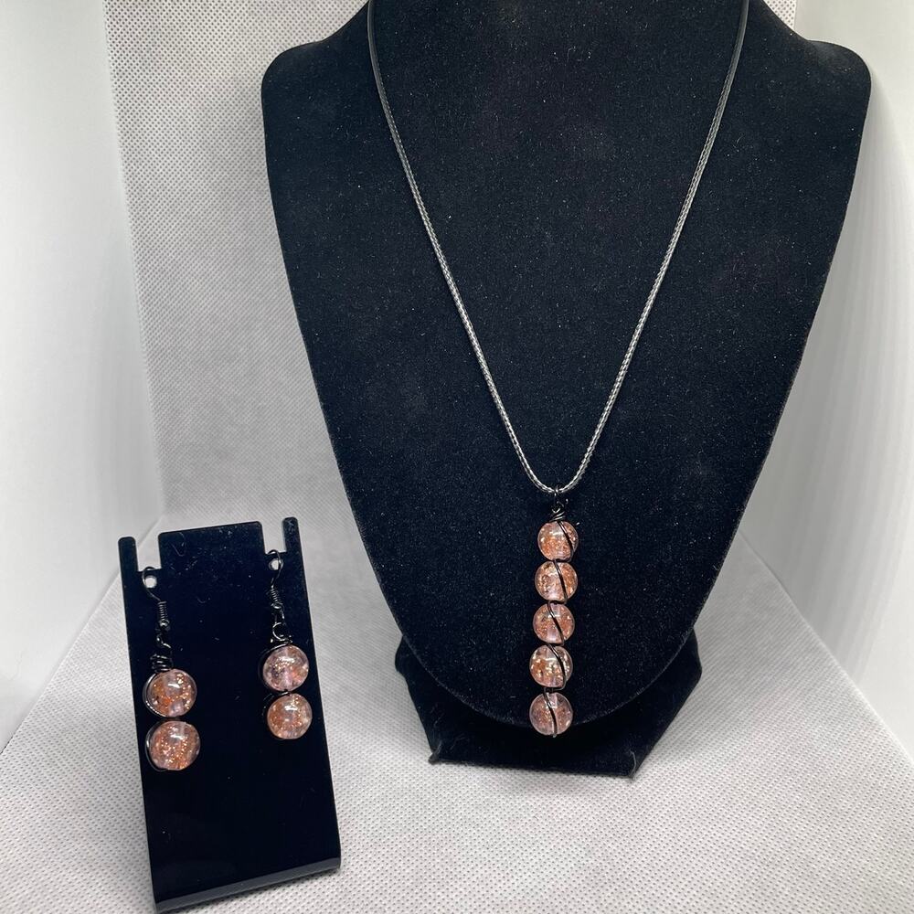 Pink Firefly Beads Wrapped With Copper-core Wire Necklace & Earring Set